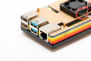 Focused USB 3.0 and RJ-45 connectors, defocused remainder of the microboard computer in...