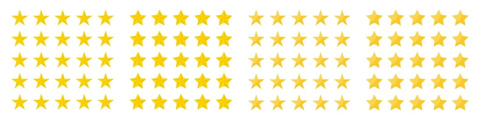 Five rating star icon button collection. Star vector icons set. Yellow stars different shapes isolated on white background. Stars in modern flat style. Vector design element.