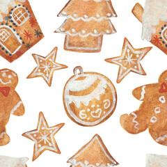 Fototapeta na wymiar Watercolor hand painted winter holiday sweet seamless pattern with orange gingerbread man, house, christmas tree, ball and star cookies with glaze isolated on the white background for new year print