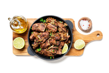 Fried chicken liver with onions and herbs. top wiev. isolated on white background	