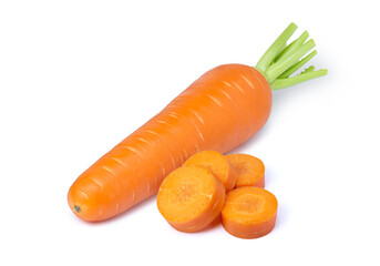 Closeup fresh carrot with chopped slice isolated on white background.