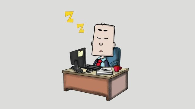 cartone animato, uomo d'affari stressanto si addormenta in uffico, fannullone, sfaticato svogliato, russare