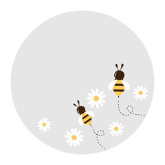 Bee cartoons and daisy flower circle label on white background vector illustration.
