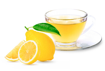 Glass cup of lemon tea with lemon lime fruit isolated on white background. 