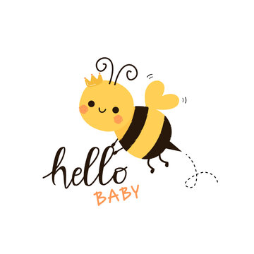 Baby shower card with bee cartoon and hand written font isolated on white background vector illustration.