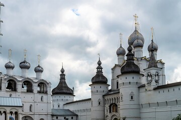 Russia, Rostov, July 2020. Towers at the gate and a view of the architecture of the Kremlin.