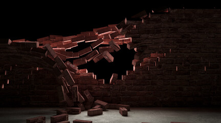 Destroyed brick wall at dark background