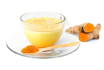 Golden milk ( turmeric latte ) in glass cup with tumeric powder in wooden spoon isolated on white background.