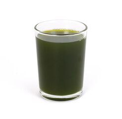 Green vegetable smoothie juice in glass isolated on white background. Clipping path.