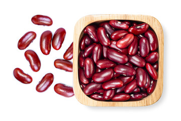 Red beans or kidney bean in wooden bowl isolated on white background. Top view. Flat lay.