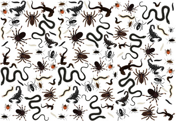 Spooky pattern of poisonous insects on a white background. Vector illustration - obrazy, fototapety, plakaty