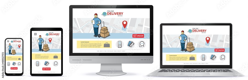 Wall mural responsive design template for online shopping app and mobile website. online delivery service vecto