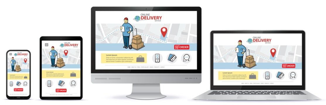 Responsive design template for online shopping app and mobile website. Online delivery service vector UI on Smart Phone, Tablet PC, Computer Monitor and Laptop Computer