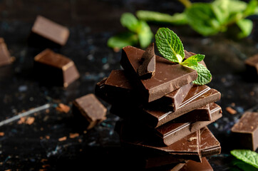 stack of chocolate pieces with a leaf of mint on dark background