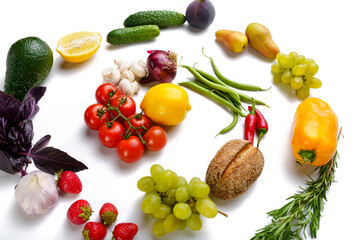 Vegetables and fruits swirl, white background