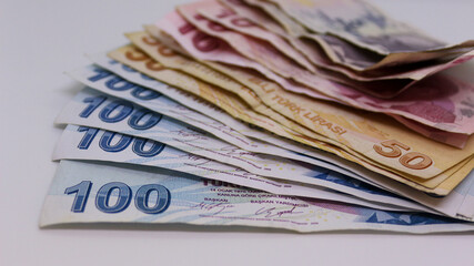 Turkish lira banknotes money isolated white background.
