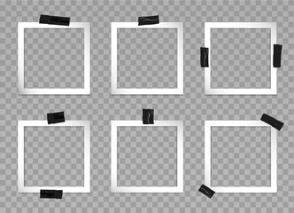 Set of square photo frames with black adhesive tape. Vector 3d realistic. Mockup for modern design. Blank template on a transparent background. 6 empty gray photo cards with different sticky tape.