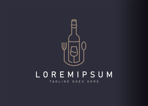 Wine dinner restaurant logo design. Icon vector illustration of wine and dining equipment. Modern logo design with line art style.