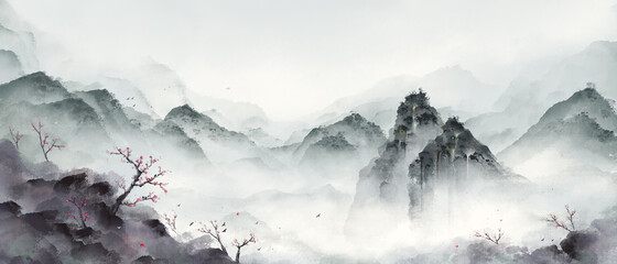 Peinture de paysage à l& 39 encre en hiver. Peinture traditionnelle orientale