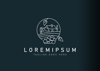 Wine field logo design. Icon vector illustration of vineyards and wine cellars. Modern logo design with line art style.