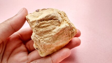 Yellow fine grained calcarenite, this sample comes from the melange zone in Karangsambung Indonesia. Carbonate deposits, of the detrital grains composing a limestone.