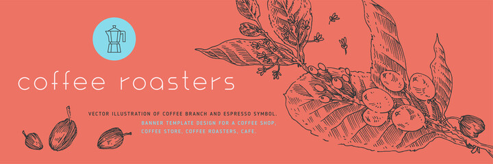 Retro coffee shop banner template with vector coffee beans illustration in engraving style. Isolated coffee branch drawing with floral background. Panoramic coffee roaster banner. Organic caffeine.