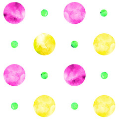 Watercolor vector pattern with yellow, pink and green circles, polka dot