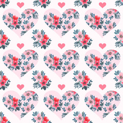 Delicate seamless pattern with hearts and watercolor flowers. Beautiful love pattern for Mother's Day, Valentine's Day, wedding, engagement, gift wrapping and printing