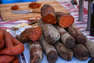 weekly market, Sineu, sobrasada of black pig with denomination of origin, Mallorca, Balearic Islands, Spain