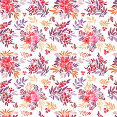 Seamless watercolor pattern with autumn plants, berries, leaves, flowers on a white background.