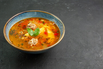 front view delicious soup with meatballs and potatoes on dark floor dish photo meal food