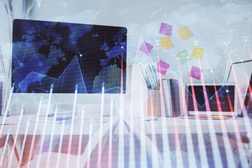 Double exposure of financial graph drawing and office interior background. Concept of stock market.