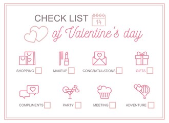 Fototapeta na wymiar Horizontal printable checklist for Valentine's Day. Vector template
