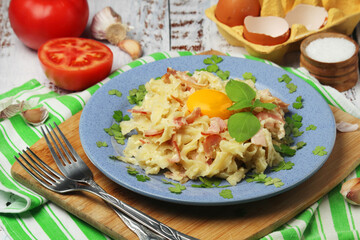A plate with traditional pasta carbonara