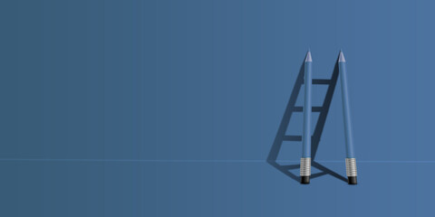 Success creative concept, pencil Ladder with copy space in blue panoramic background 
