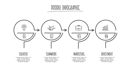 Doodle infographic elements with 4 options. Hand drawn icons. Thin line illustration