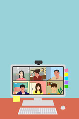 Online meeting, Video conference, work from home job, smart phone size, home, telework, live, web banner, web header, footer, flier, blue, frame, copy space, vector illustration, graphic, web camera,