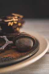 strainer cocoa whit chocolate on wood background 