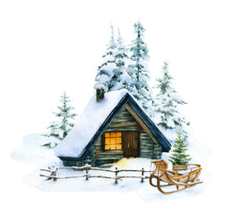 A winter landscape with a small wooden winter house and vintage sledge among snow-covered spruces hand drawn in watercolor isolated on a white background. Watercolor winter illustration. 