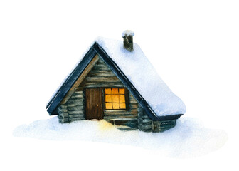 A small winter house with a snow-covered roof and a light in a window hand drawn in watercolor isolated on a white background. Watercolor illustration. Winter cottage. Winter landscape.