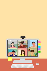 Online meeting, Video conference, work from home job, smart phone size, home, telework, live, web banner, web header, footer, flier, blue, frame, copy space, vector illustration, graphic, web camera,
