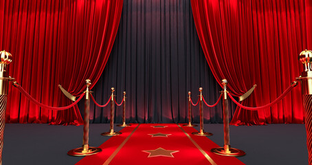 Awards show background with red curtains open on Black screen, Long red carpet between rope barriers, 3D render