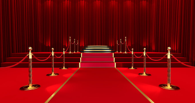 Awards show background with red curtains open on Black screen, Long red carpet between rope barriers, 3D render