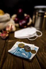 money on the table with mask and food
