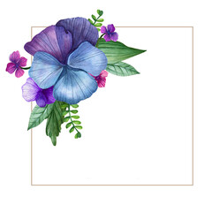 Summer watercolor square frame. Composition of pansies and leaves. Design for postcards, gifts, invitations. Mother's Day, summer wedding. Blue violet shades