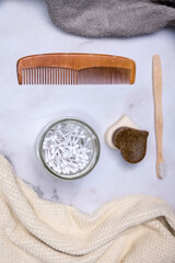 
spa still life with soap and towel, low waist on white background
