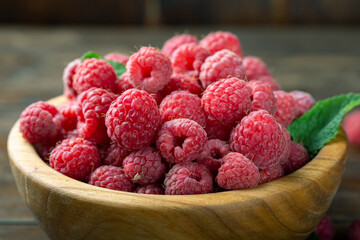 Fresh raspberries in a wooden plate with leaves. The berries are scattered on a wooden table.
