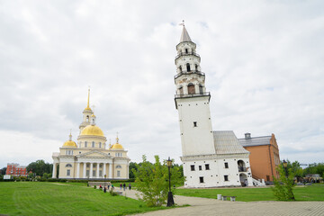 Fototapeta na wymiar Leaning Tower of Nevyansk in summer day. Tower in the town of Nevyansk in Sverdlovsk Oblast, Russia
