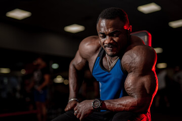 African american bodybuilder man poses to the camera in gym. Big muscles and strong hands. Blurred...