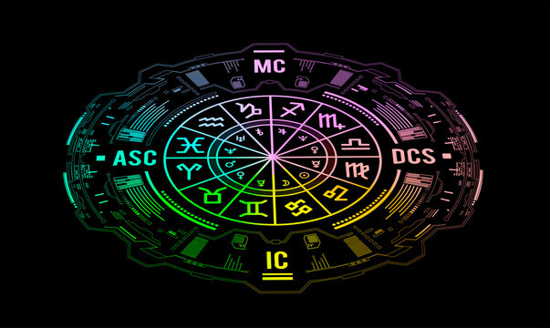 Astrology background. Example of the natal chart the planets in the houses and aspects between them
